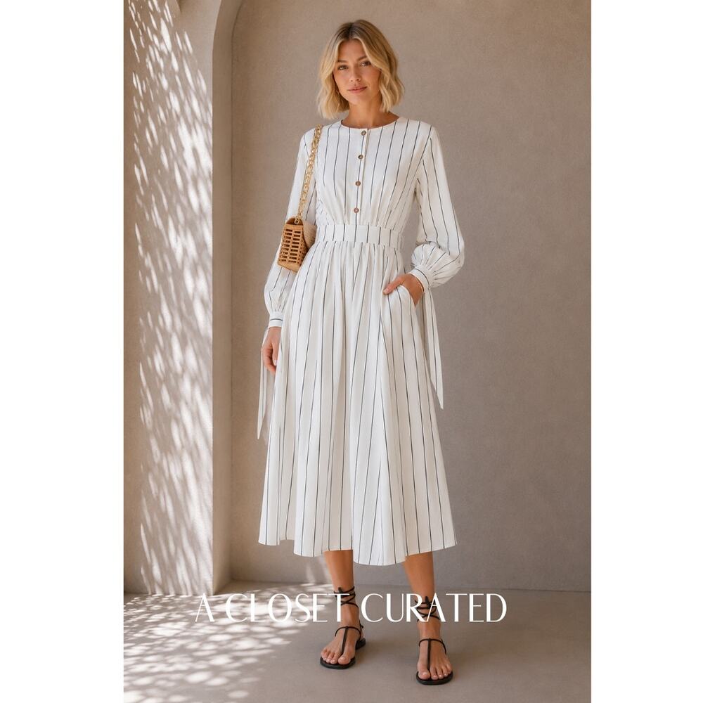 King & Tuckfield Striped Poplin Midi Dress Small White NEW